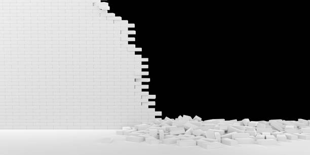 istock 3D rendering Destruction of a white brick wall on black background 1183758267