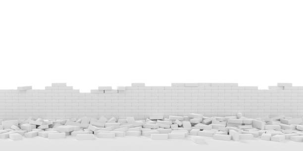 istock 3D rendering Destruction of a white brick wall on white background 1183758323