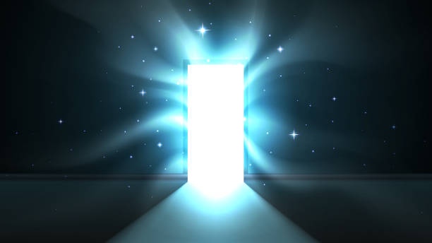 istock Light from the open door of a dark room, attractive hypnotic light tentacles, abstract mystical glowing exit. Open door template, background, mock up 1183758487