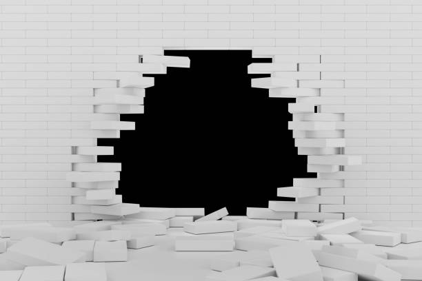 istock 3D rendering Destruction of a white brick wall on black background 1183758490