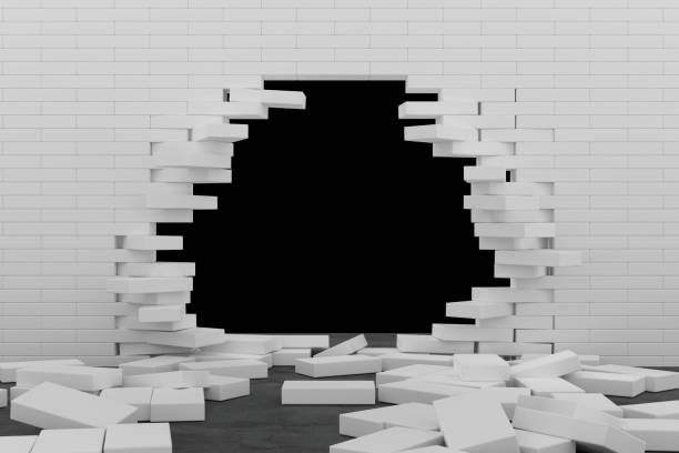 istock 3D rendering Destruction of a white brick wall on black background 1183758999