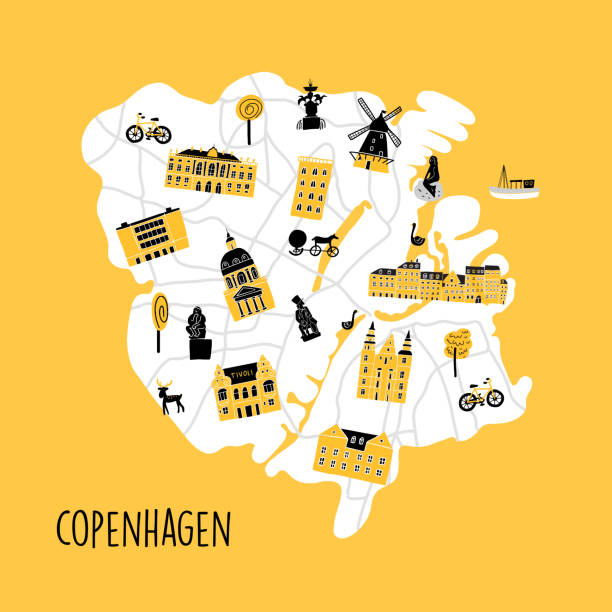bildbanksillustrationer, clip art samt tecknat material och ikoner med vektor srtylezed karta över köpenhamn med olika attraktioner. - copenhagen