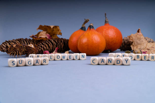 Halloween concept with candy, sugar pumpkin, colorful leaves, fir cones and acorns on gray background with copy space