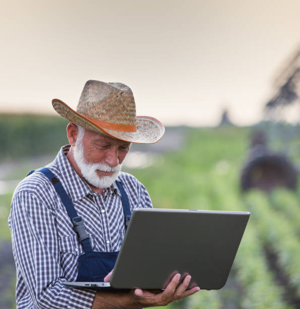 istock Farmer with laptop in front of irrigation system in field 1183764553