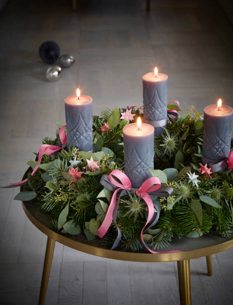 Advent Christmas wreath on table stock photo