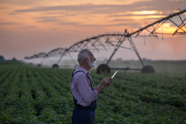 istock Farmer with tablet in front of irrigation system 1183772131