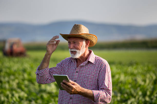istock Farmer with tablet in soybean field 1183772196