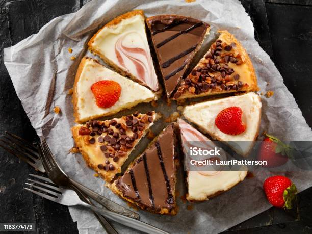 Whats Your Favorite Kind Of Cheesecake Stock Photo - Download Image Now - Cake, Cheesecake, Slice of Food
