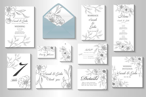 ilustraciones, imágenes clip art, dibujos animados e iconos de stock de invitación de boda con flores y hojas. - invitación de boda