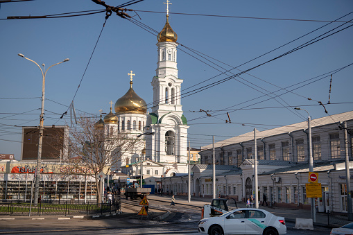 Rostov-on-Don; Russia, October 26, 2019: Rostov Cathedral of the Nativity of the Blessed Virgin. Citizens walk near the cathedral