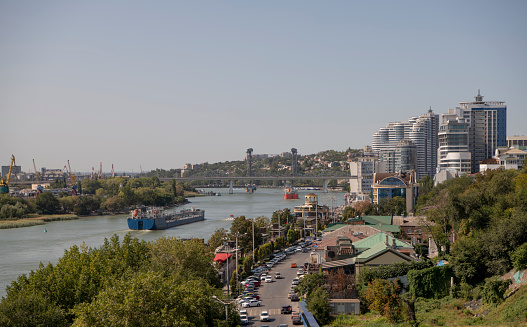 Ships go along the Don River past Rostov-on-Don\