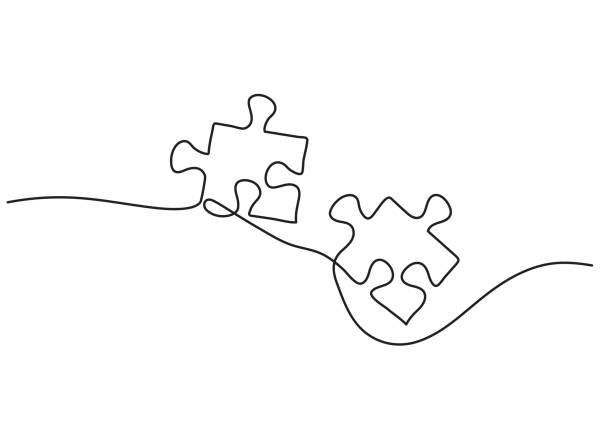 Continuous one line drawing of two pieces of jigsaw on white background. Continuous one line drawing of two pieces of jigsaw on white background. puzzle backgrounds stock illustrations