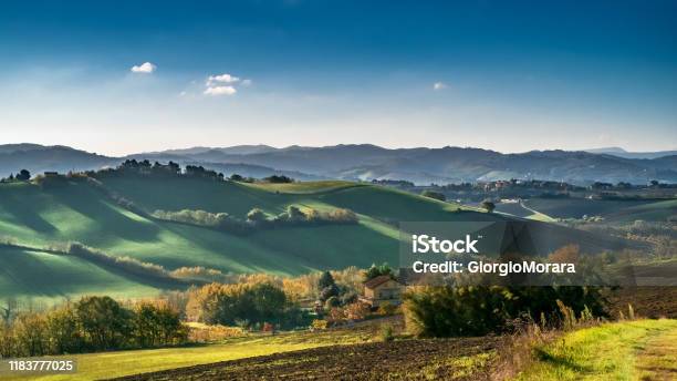 Shadows On The Soft Hills Between Emiliaromagna And Marche Italy Stock Photo - Download Image Now