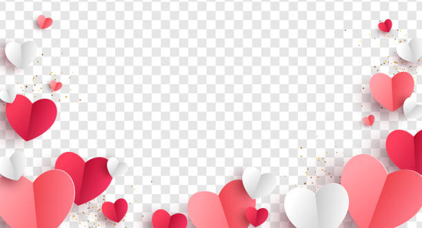 Paper hearts transparent background Red, pink and white hearts with golden confetti isolated on transparent background. Vector illustration. Paper cut decorations for Valentine's day design attached stock illustrations