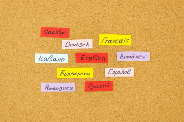 istock Learning New Language concept. Flash Cards with names of languages pinned on a cork board 1183781908
