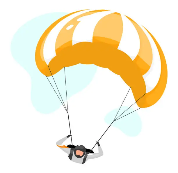 Vector illustration of Parachuting flat vector illustration. Skydiving experience. Extreme sports. Active lifestyle. Outdoor activities. Sportsman, parachutist isolated cartoon character on white background