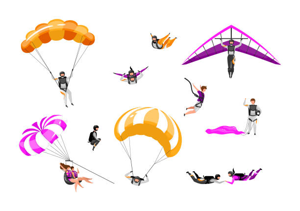 istock Extreme air sport flat vector illustrations set. Couple paragliding, skydiving, parasailing. Parachuting, hang gliding. Tandem freefalling, safe landing. Outdoor activity isolated cartoon characters 1183782282