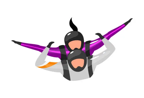 Vector illustration of Tandem free-fall flat vector illustration. Skydiving with instructor. Extreme sports. Active lifestyle. Outdoor activities. Sportsman, sportswoman isolated cartoon character on white background