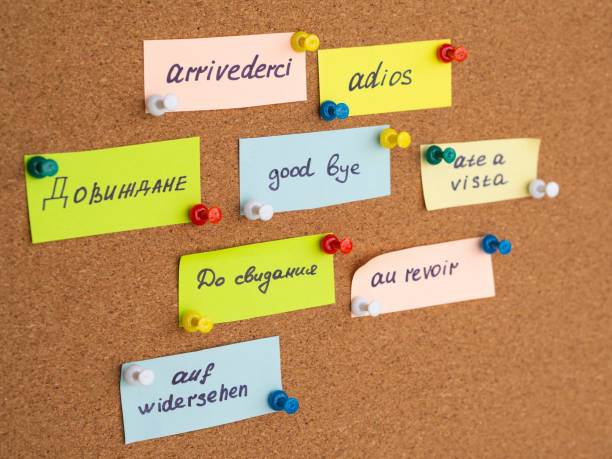istock Learning New Language concept. Handwritten Flash Cards with good bye on other languages pinned on a cork board 1183783992
