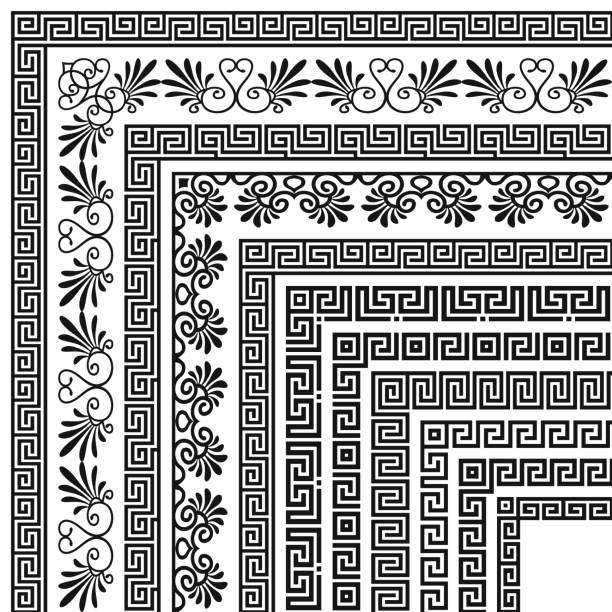 Vector set of corner brushes with traditional greek meander pattern. Brushes are included in the file Vector set of corner brushes, traditional greek meander pattern. Grope of classical ornaments in Hellenic style for the design of frames, boarders, edging, certificate, menu, invitation, wedding card greek culture stock illustrations