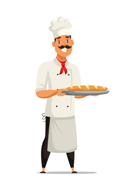 ilustrações de stock, clip art, desenhos animados e ícones de cheerful baker flat vector illustration - characters cooking chef bakery