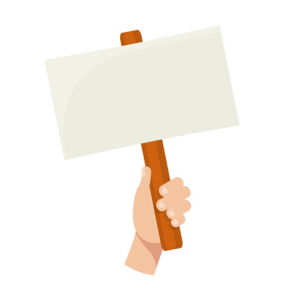 Hand holding blank banner flat vector illustration. Empty protest sign on wood stick isolated clipart on white background. Protester on strike. Demonstration and opposition picket. Social activity