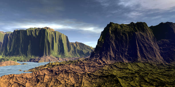 istock Alien Planet. Mountain and lake. 3D rendering 1183787522