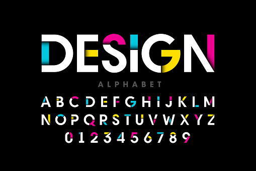Modern bright colorful font, alphabet letters and numbers, vector illustration