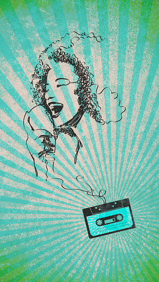 Vintage audio cassette and portrait of woman singing made with tape, music and art concept