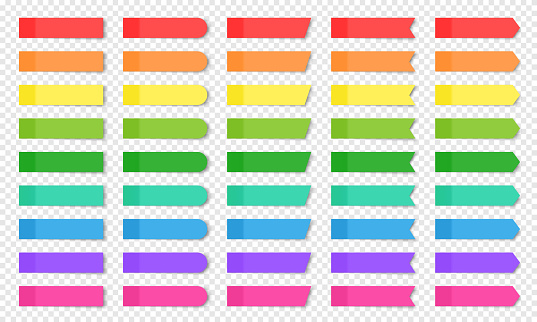 Colored realistic sticky notes isolated. Set of vector paper bookmarks of different shapes - rectangle, arrow, flag. Collection of red, orange, yellow, green, blue and purple post notes on background