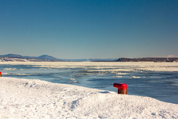 Quebec port in winter. Floating ice on St-Lawrence river.