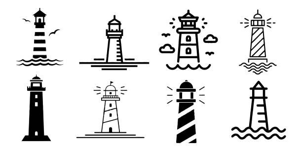 ilustrações de stock, clip art, desenhos animados e ícones de lighthouse minimalistic flat line stroke outline vector icon set - farol estrutura construída