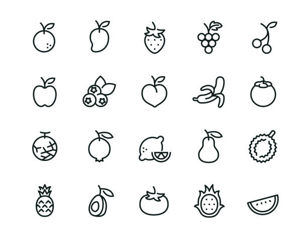 illustrazioni stock, clip art, cartoni animati e icone di tendenza di set di icone frutta minima - tratto modificabile - fragola