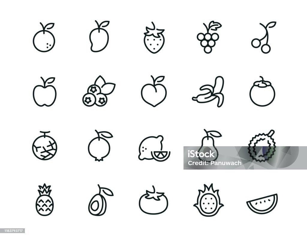 Minimal Fruit icon set - Editable stroke 20 minimal fruit icons Icon stock vector
