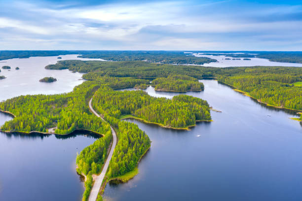 vista aerea della strada tra la verde foresta estiva e il lago blu in finlandia. lago saimaa, puumala. - karelia foto e immagini stock