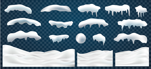 Set of snow caps, pile, icicles, ice, snowball and snowdrift isolated on transparent background. 3d Winter decorations, Christmas, snow texture, white elements, holiday design - stock vector
