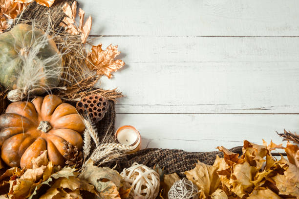 istock Autumn background with decorative items and pumpkin. 1183794088