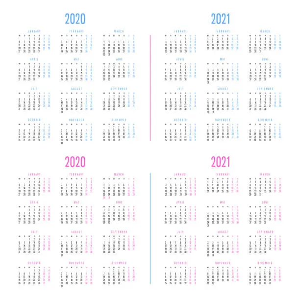 Calendars of 2020 and 2021 with two different colors