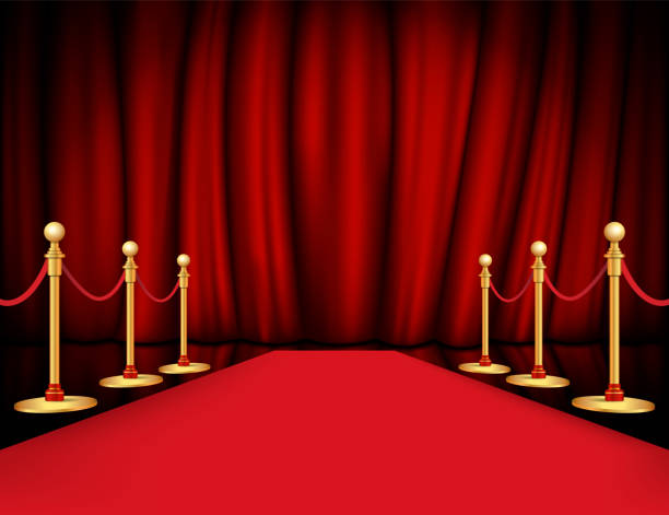 istock carpet path golden barrier with rope on both sides and closed curtain realistic. Vector illustration. 1183794828