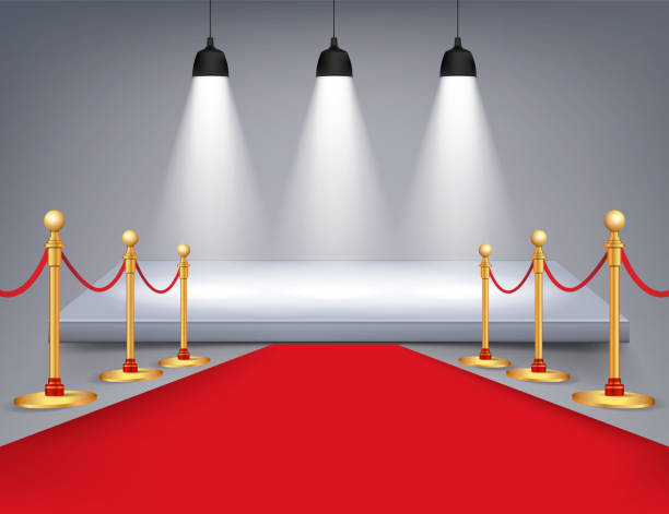 istock White round podium with red carpet and lights isolated on background. Vector illustration. 1183795055