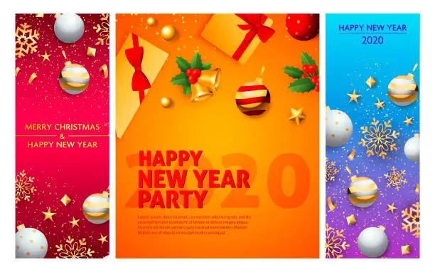 Vector illustration of Happy New Year pink, orange, red banner set with bells