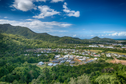 View of Cairns from the Skyrail Rainforest Cableway on a sunny morning, Queensland, Australia