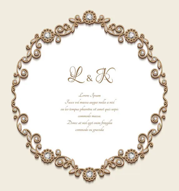 Vector illustration of Wedding invitation with jewelry gold borders