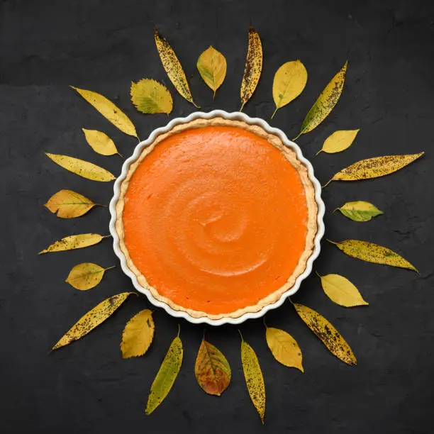 Thanksgiving or harvest concept. Bright orange pumpkin pie in shape of sun on black background top view