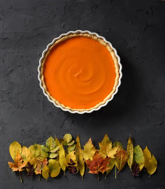 Thanksgiving or harvest concept. Bright orange pumpkin pie and colored leaves looking like sunset over woods on black background copy space