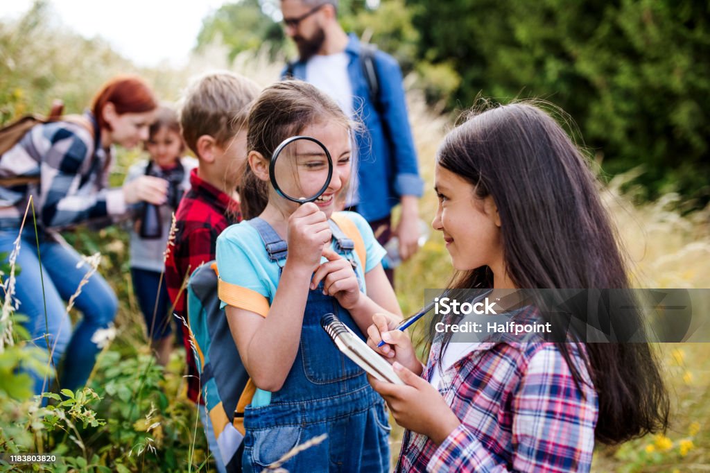 Grupo de escolares con profesor en excursión en la naturaleza, aprendizaje de la ciencia. - Foto de stock de Niño libre de derechos