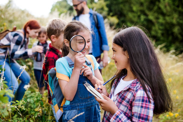 gruppo di scolari con insegnante in gita in natura, apprendimento delle scienze. - campeggiare foto e immagini stock