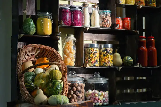 Fall Pantry with Jars With Pickled Vegetables