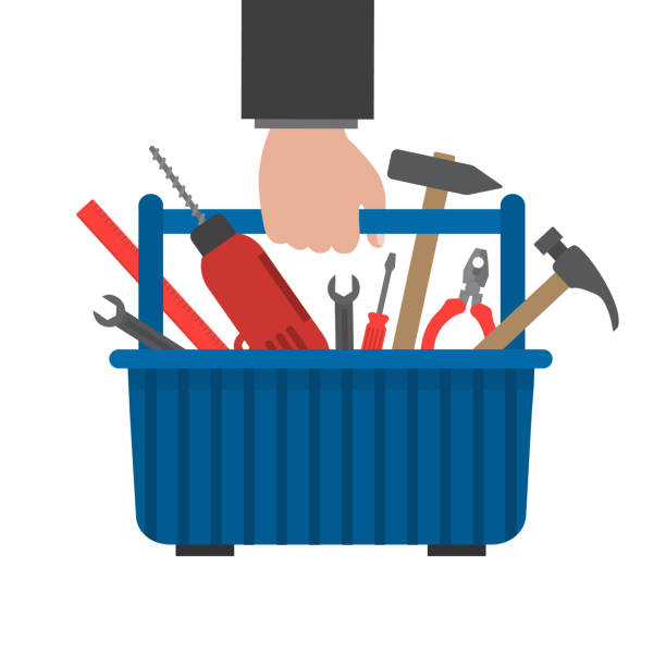 Toolbox in hand. Work tools in a blue box Toolbox in hand. Work tools in a blue box. There is a drill, hammer, screwdriver, wrench, pliers, ruler in the picture. Vector illustration on a white background hand wrench stock illustrations