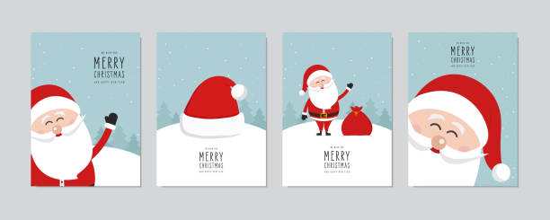 크리스마스 카드 세트입니다. 귀여운 산타 클로스 문자 벡터메리 크리스마스와 새해 맞이. - santas sack stock illustrations